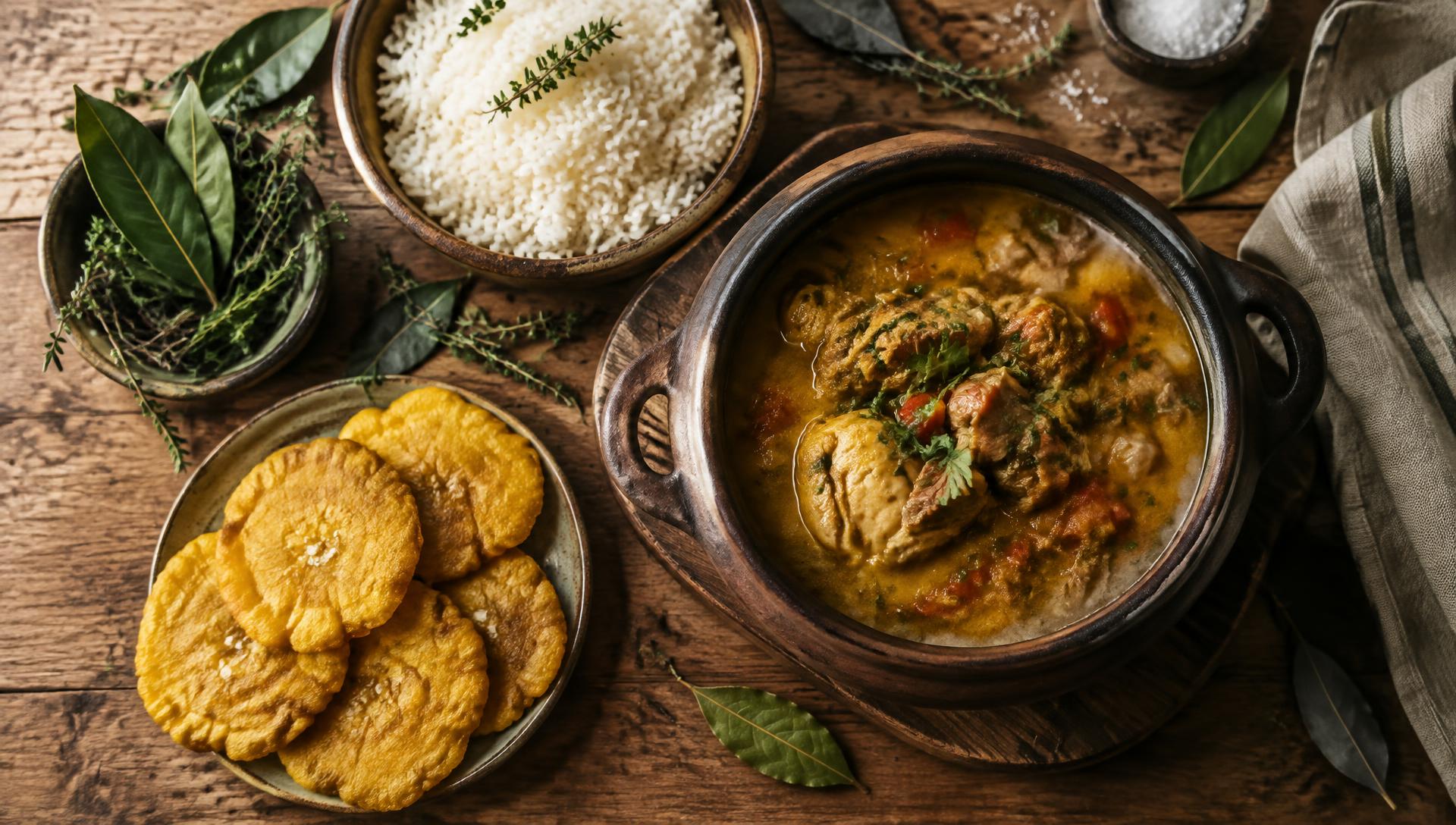 Mesa con platos criollos caseros, arroz, patacones y finas hierbas