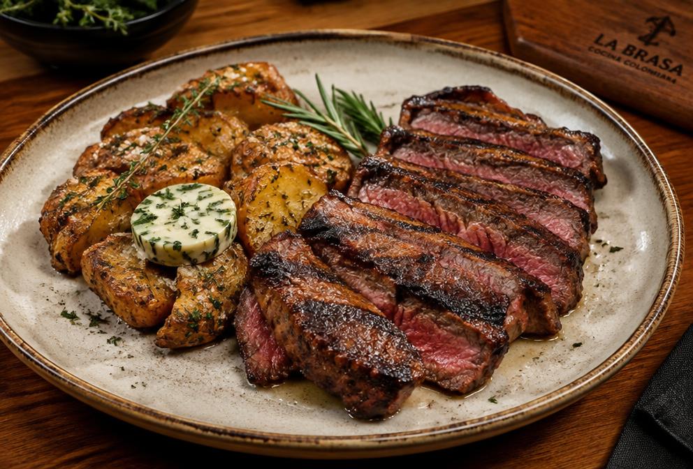Asado de res con papas rústicas y mantequilla de hierbas