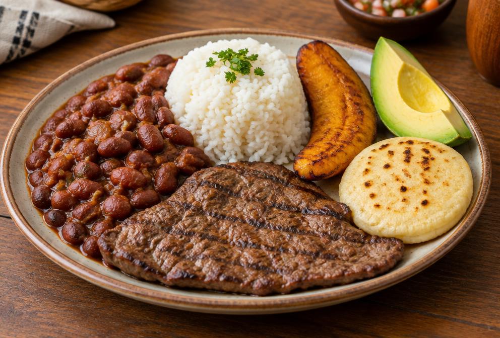 Plato ejecutivo con fríjoles, arroz, carne, plátano, aguacate y arepa