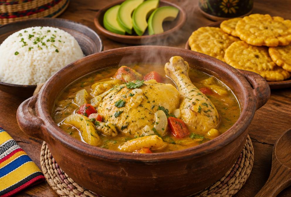 Sudado de pollo criollo en olla de barco con arroz y patacones